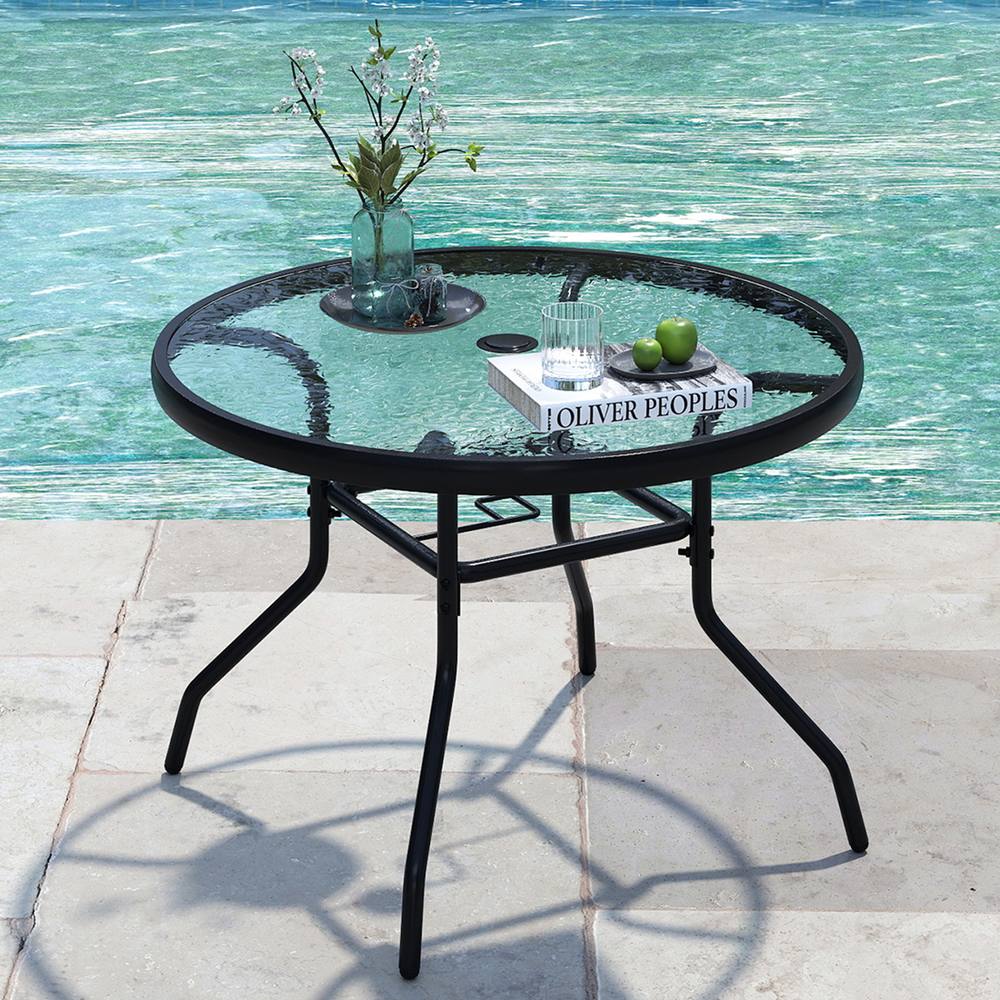 Costway Patio Side Table w/ Umbrella Hole Outdoor Round Bistro Table in Black
