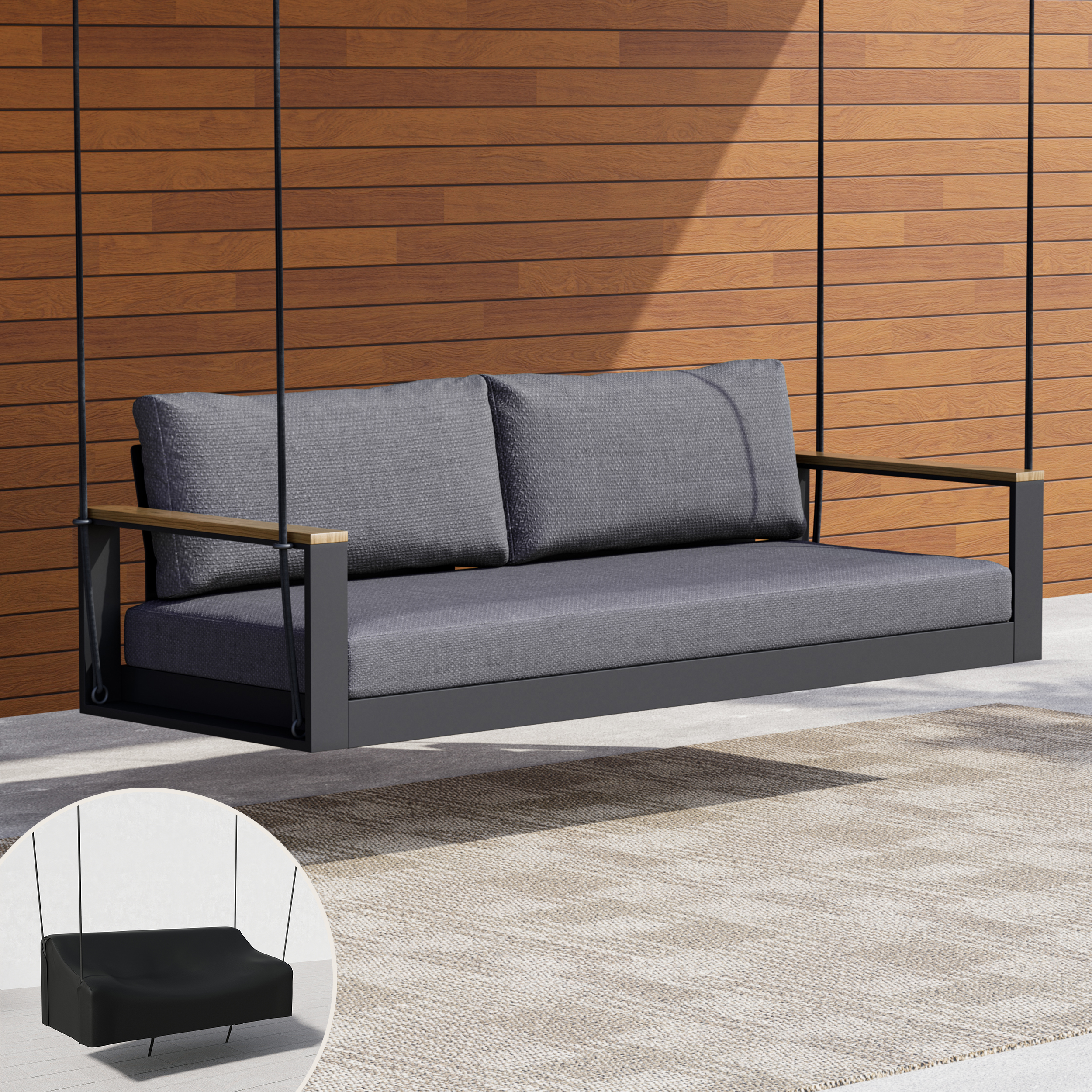 Tevara Outdoor Hanging Swing Sofa 2-Seater in Dark Grey with Cushion & Black Cover