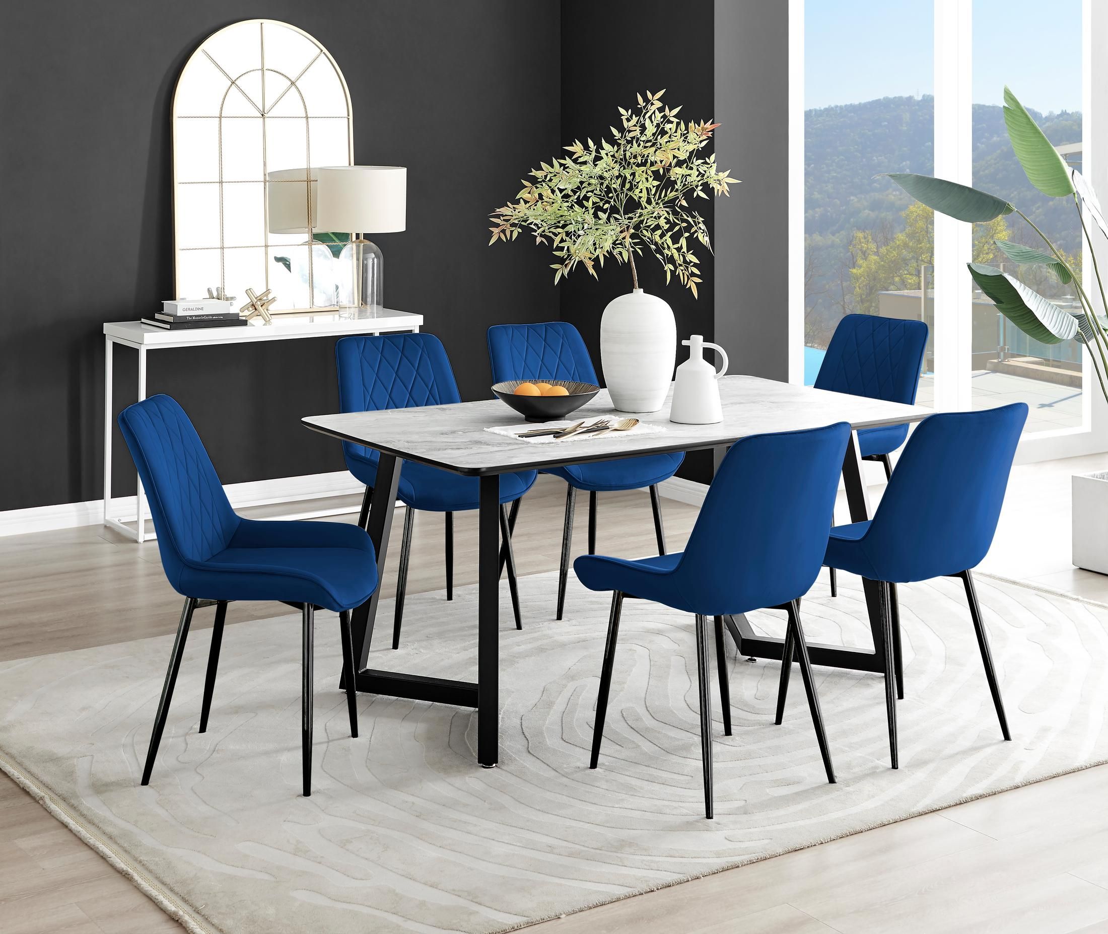 FurnitureboxUK Carson White Marble Effect Dining Table & 6 Pesaro Black Leg Chairs in Navy