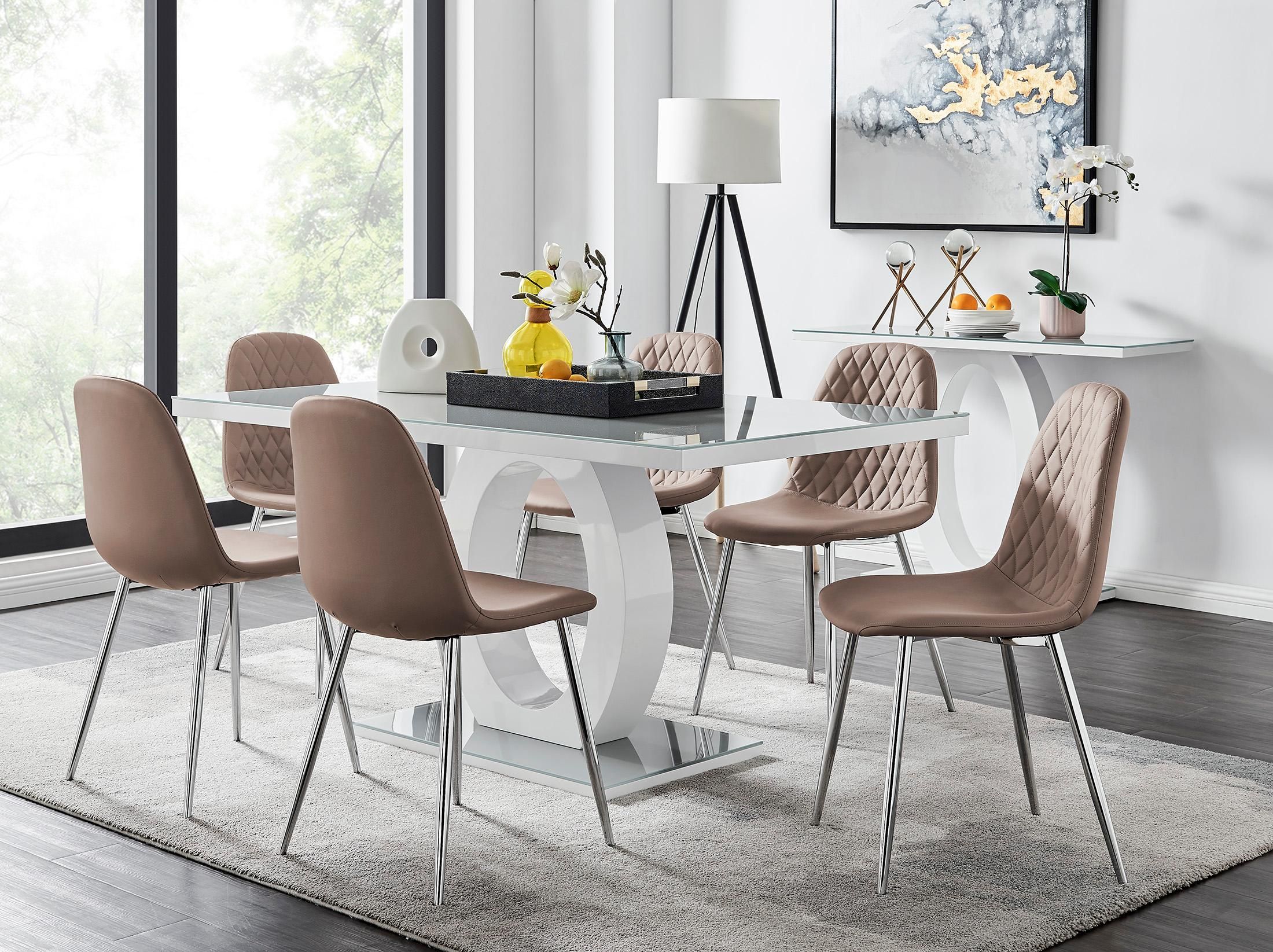 FurnitureboxUK Giovani 6-Seater Grey Glass Dining Table & 6 Corona Faux Leather Dining Chairs in Beige