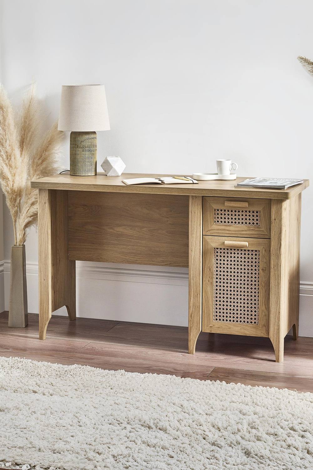Julian Bowen Sydney Rattan Print Desk with Cupboard in Light Oak