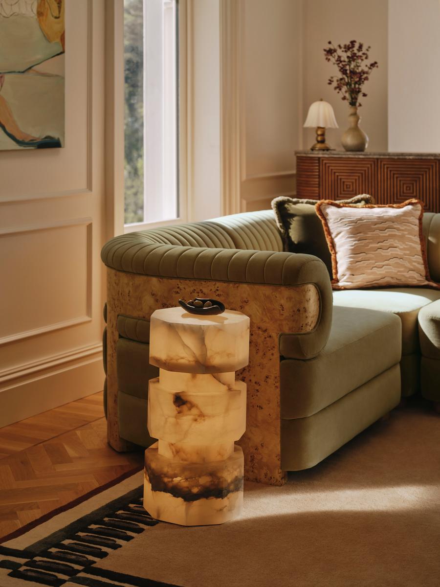 Caleb Modular Corner Sofa, Velvet, Lichen, Blonde Burl