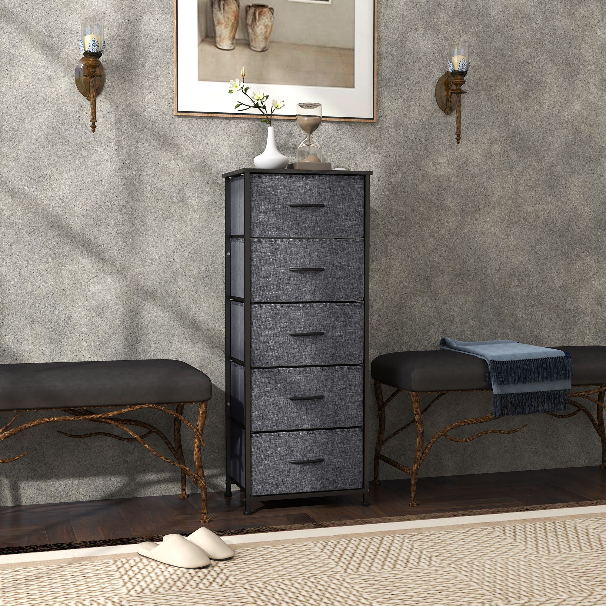 HOMCOM 5 Drawer Fabric Chest of Drawers w/ Wooden Top, Dark Grey