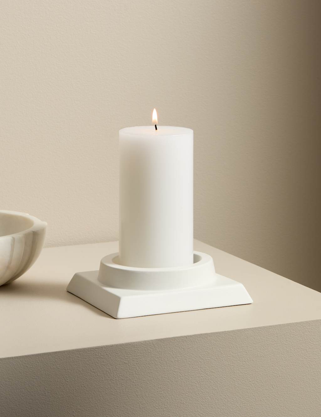 M&S X Kelly Hoppen Block Ceramic Pillar Candle Holder White
