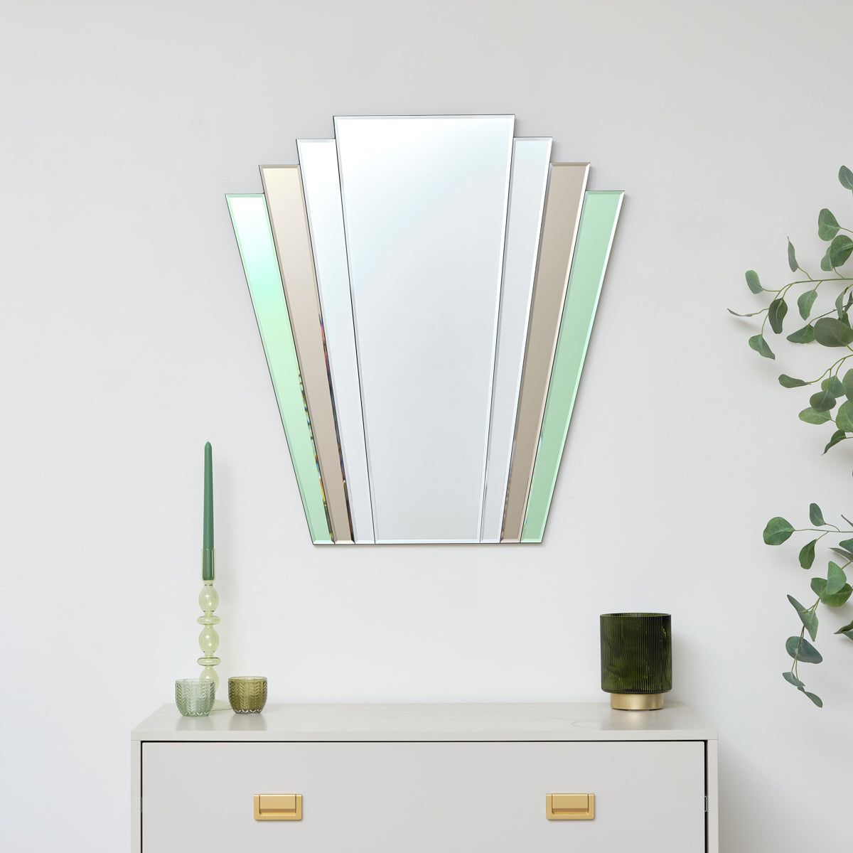 Melody Maison Green & Mocha Glass Art Deco Fan Wall Mirror 75cm X 68cm