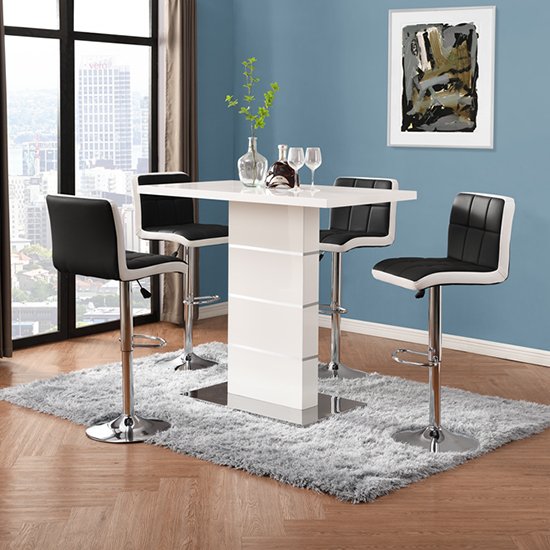 Parini Gloss Bar Table In White With 4 Copez Black White Stools