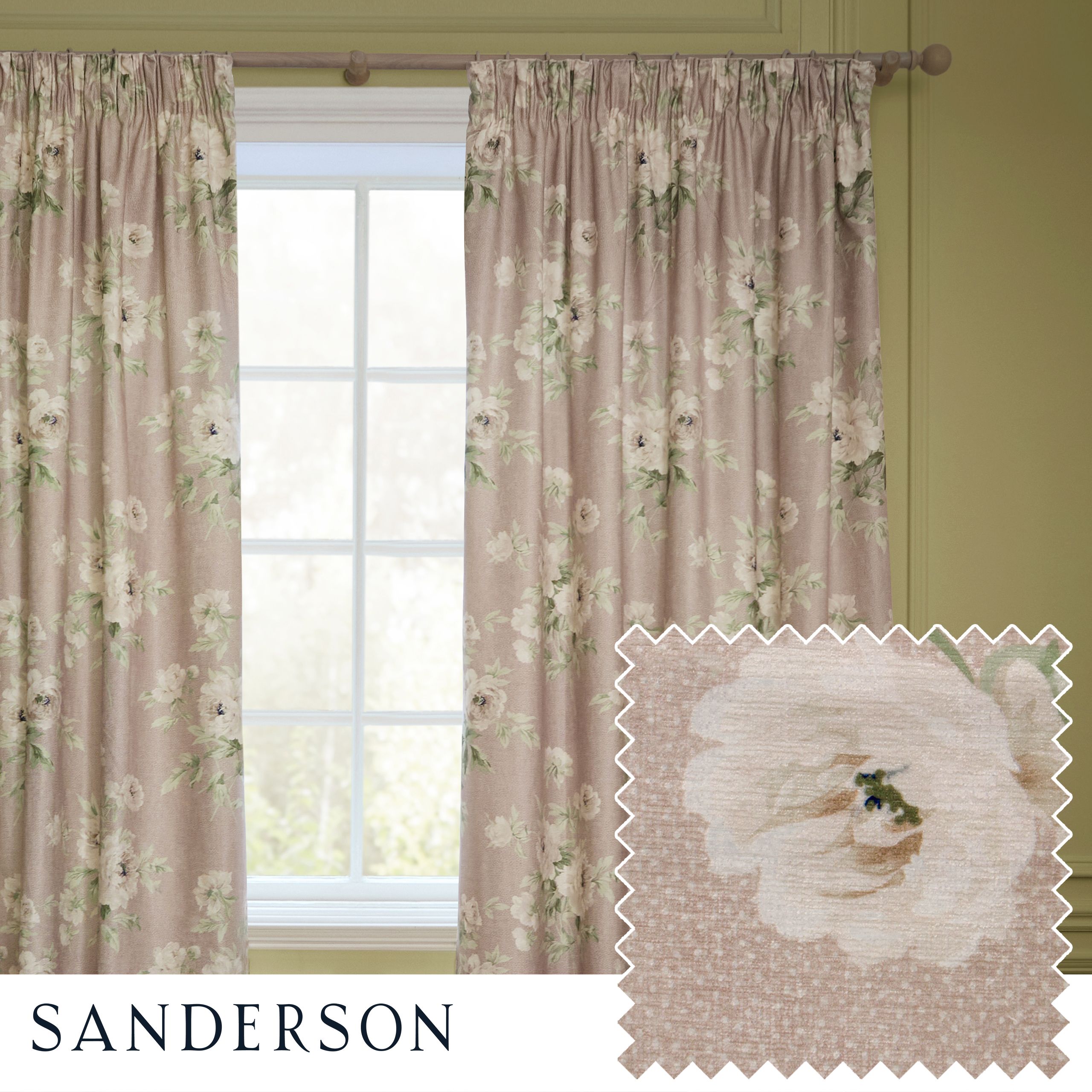 Sanderson Adele Floral Chenille Room Darkening Pencil Pleat Curtains in Light Pink