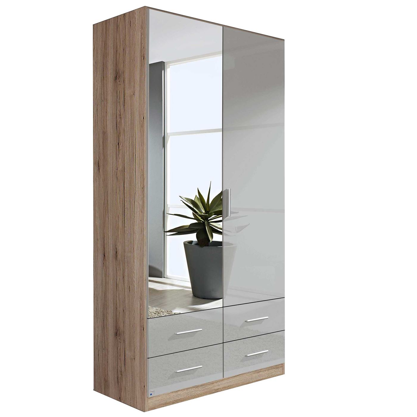 Moritz 2 Door 4 Drawer Hinged Wardrobe, San Remo Oak Light and High Polish Silk Grey