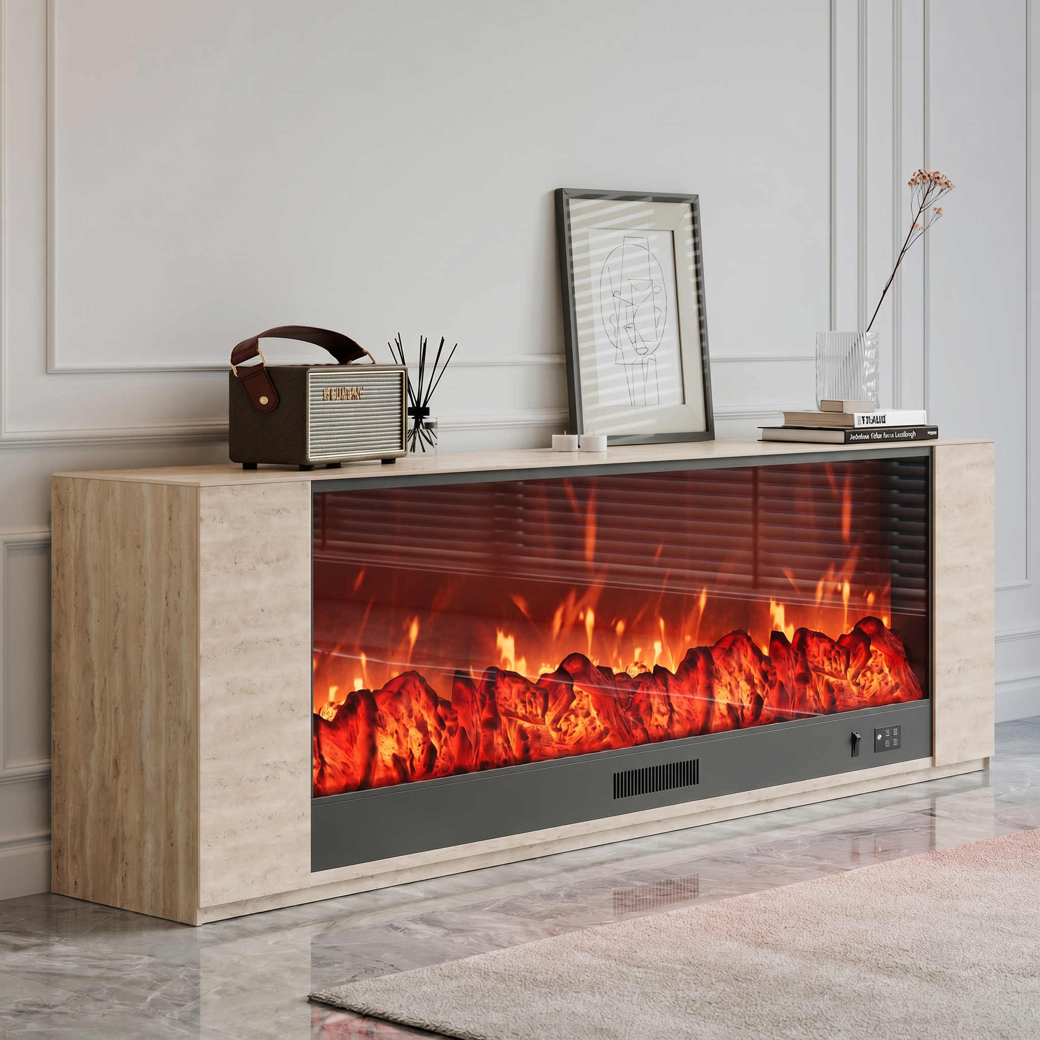 71" Sintered Stone Electric Fireplace TV Stand with Remote Control