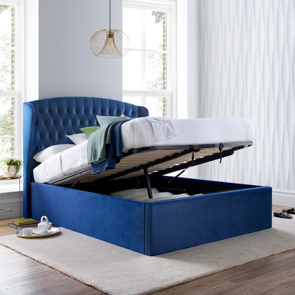 Warwick Blue Velvet Fabric Ottoman Bed Frame - 4ft6 Double