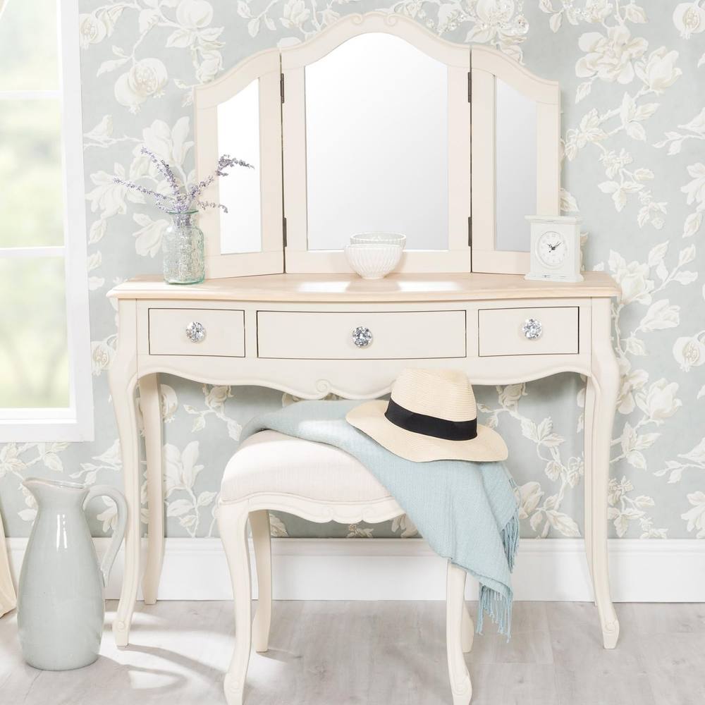 Statement Furniture Juliette Dressing Table Set with Crystal Handles (with Stool & Mirror) in Ivory