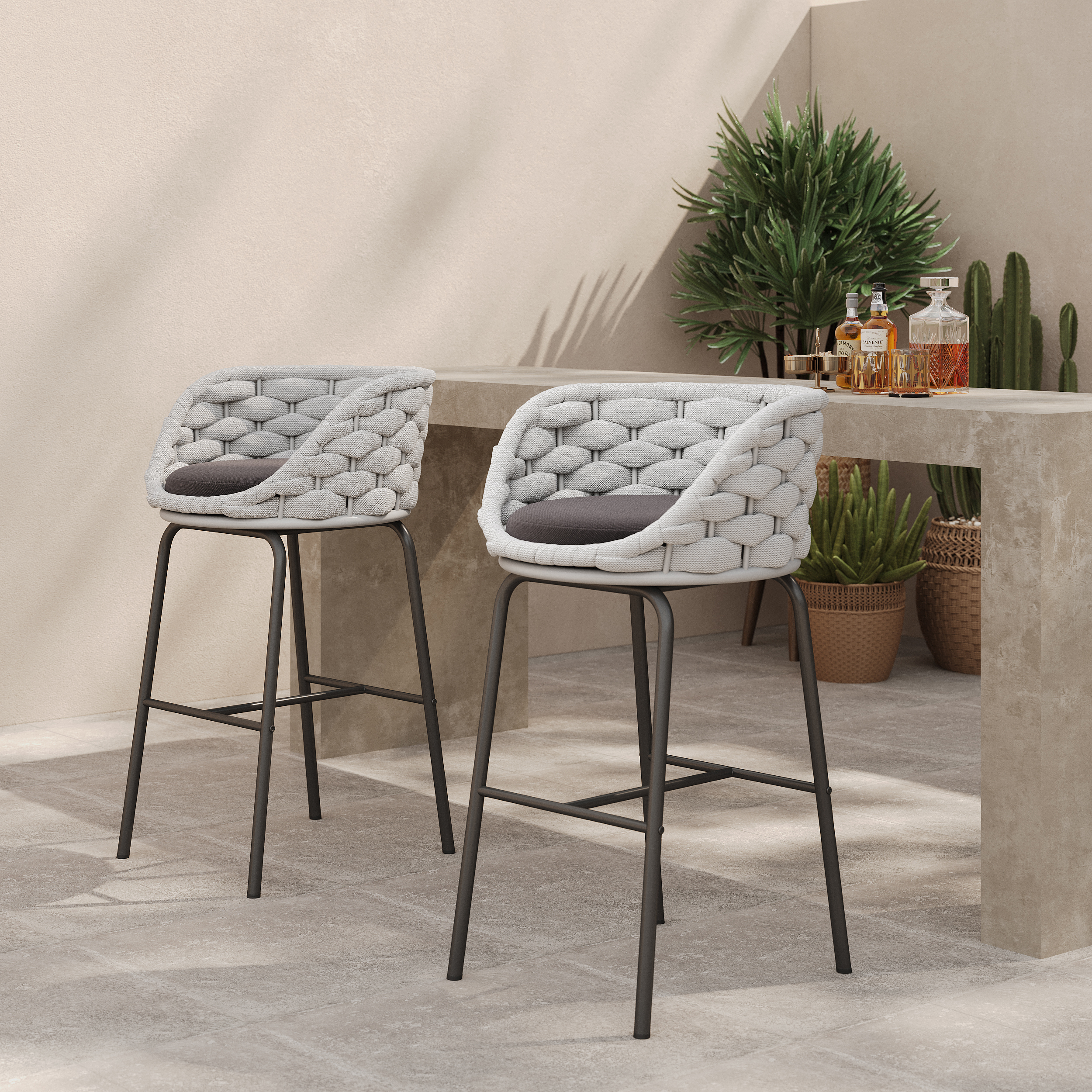 2 Pieces Outdoor Chair Patio Woven Rope & Aluminium 965 mm Bar Stools Set with Backs