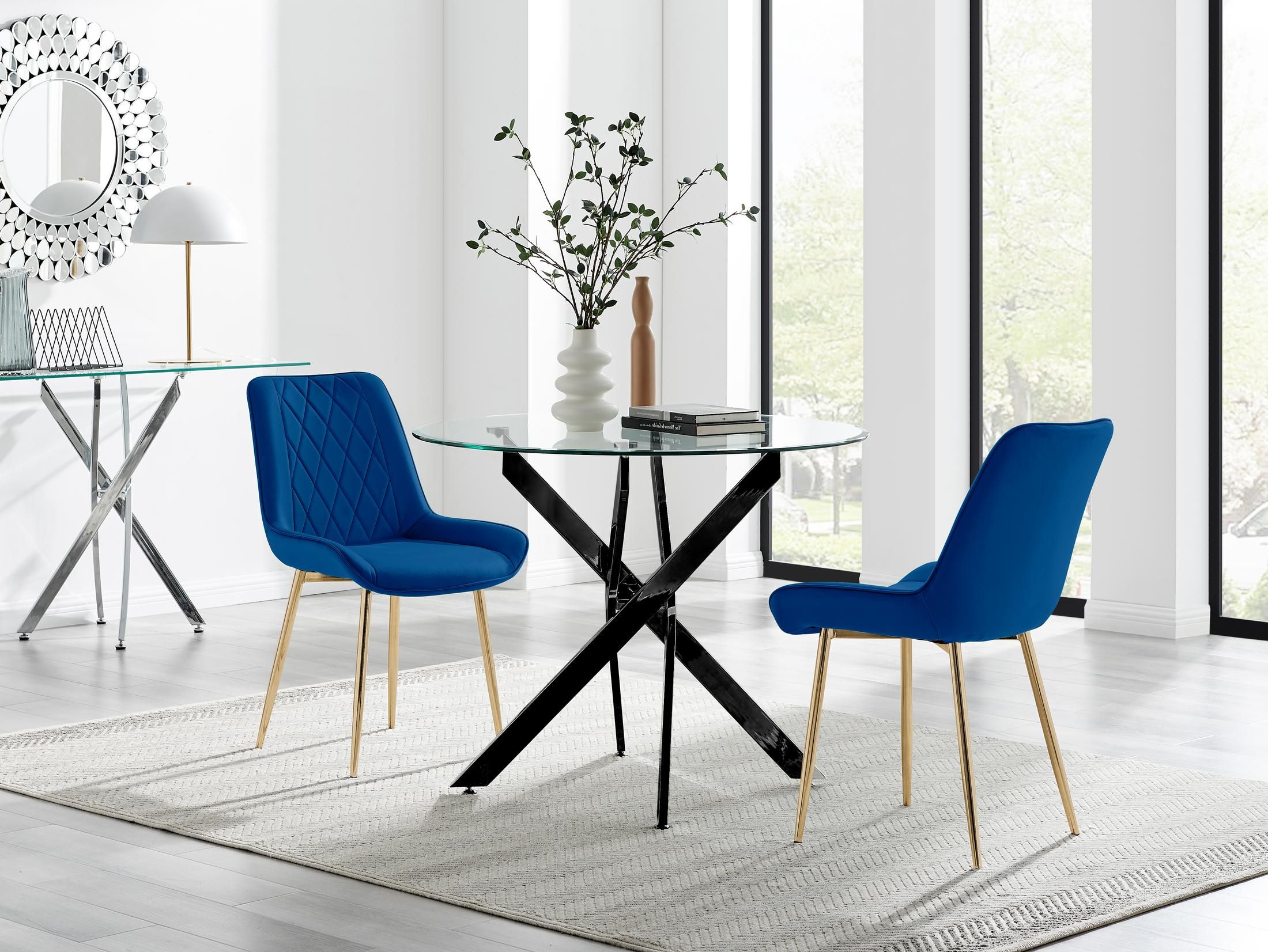 FurnitureboxUK Novara 100cm Round Black Leg Dining Table & 2 Pesaro Gold Leg Chairs in Navy