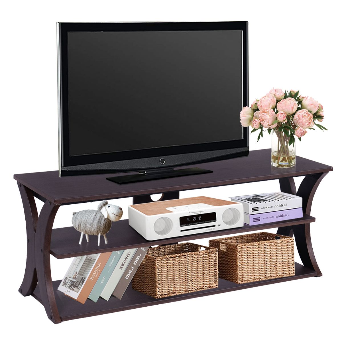 Costway 3-Tier TV Stand Media Console Table Modern Storage Cabinet for TVs up to 45" in Dark Brown