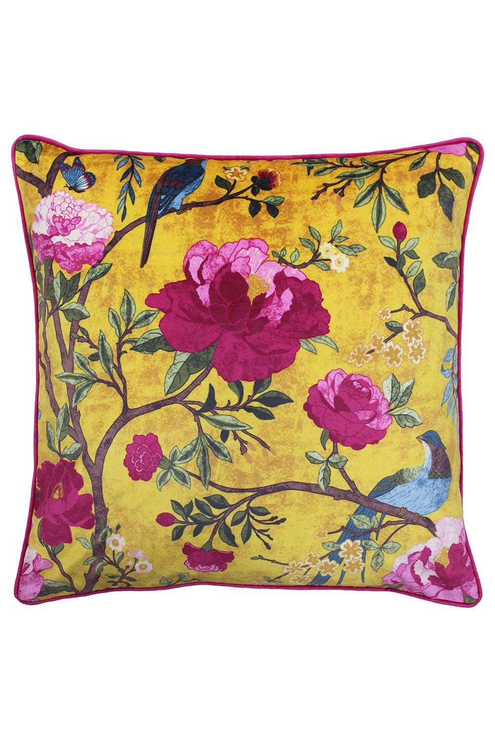 Paoletti Chinoiserie Floral Printed Piped Cushion in Gold