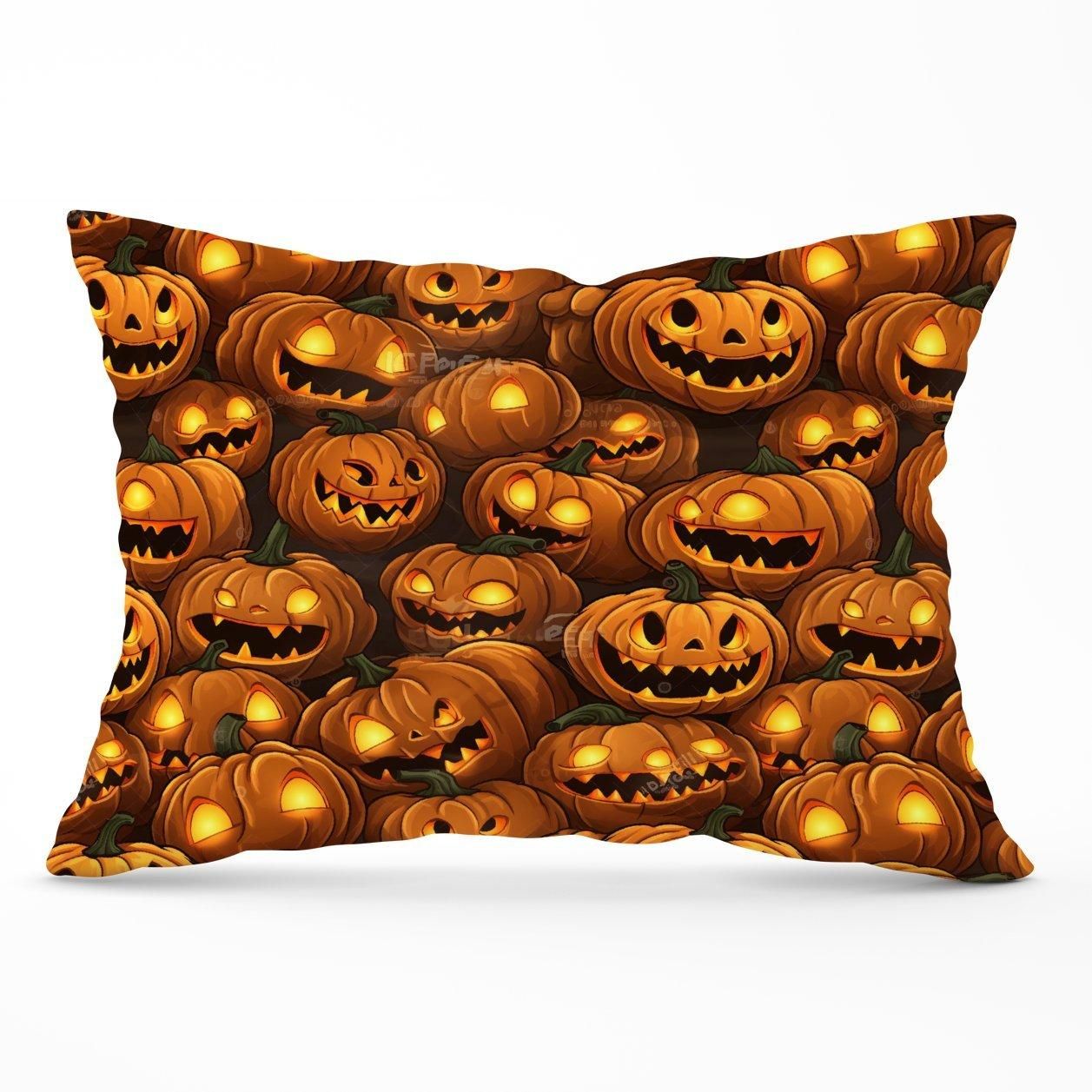 Warren Reed - Designer Grinning Lanterns Pumpkins With Glowing Eyes Cushions in Orange