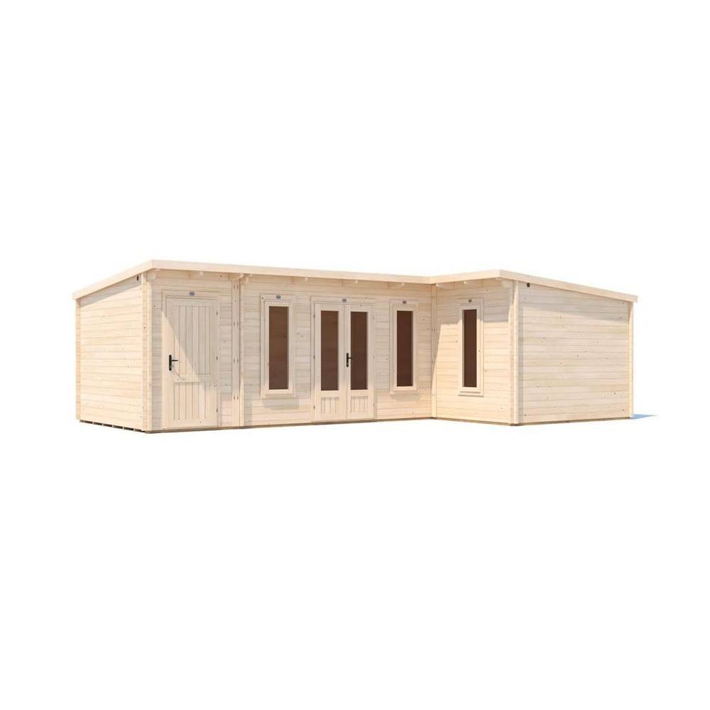 Dunster House L-Shaped Log Cabin W8m x D5m / 27'4" x 16'6" Pent, 24mm, DG - HellWolf in Brown