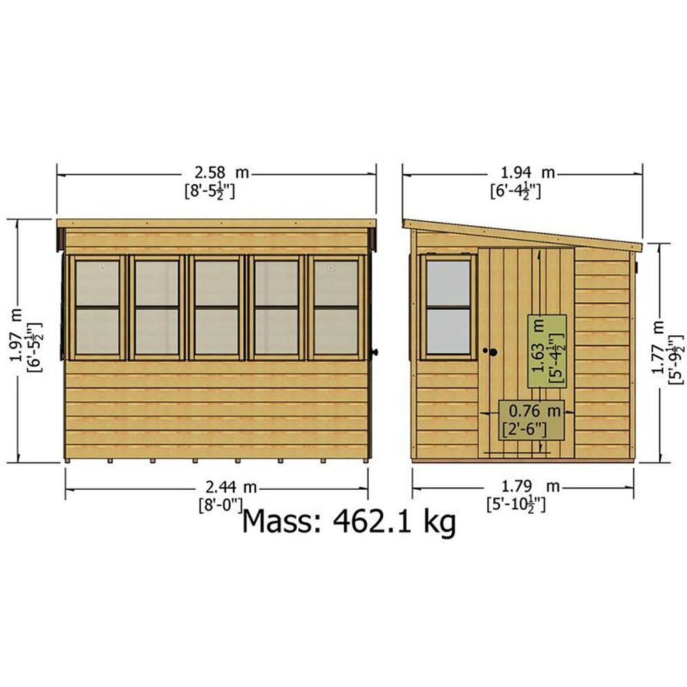 Shires Sun Pent 8x6' Single Door with 7 Windows Wooden Garden Potting Shed in Brown 4