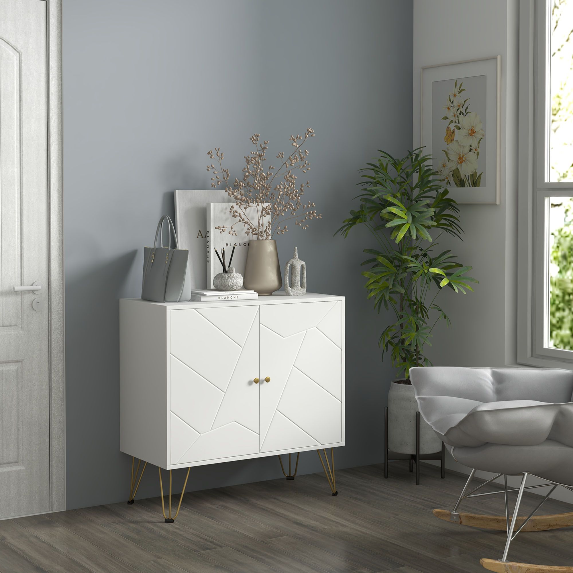 HOMCOM Modern Storage Cabinet with 2-tier Door Cupboard & Golden Hairpin in White