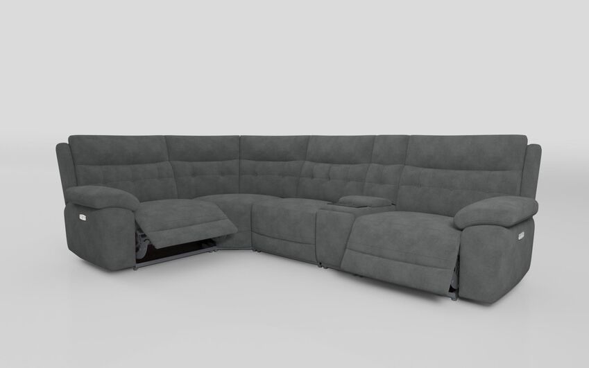 Grey Fabric Belford 1 Corner 3 Power Recliner Sofa with Media Console