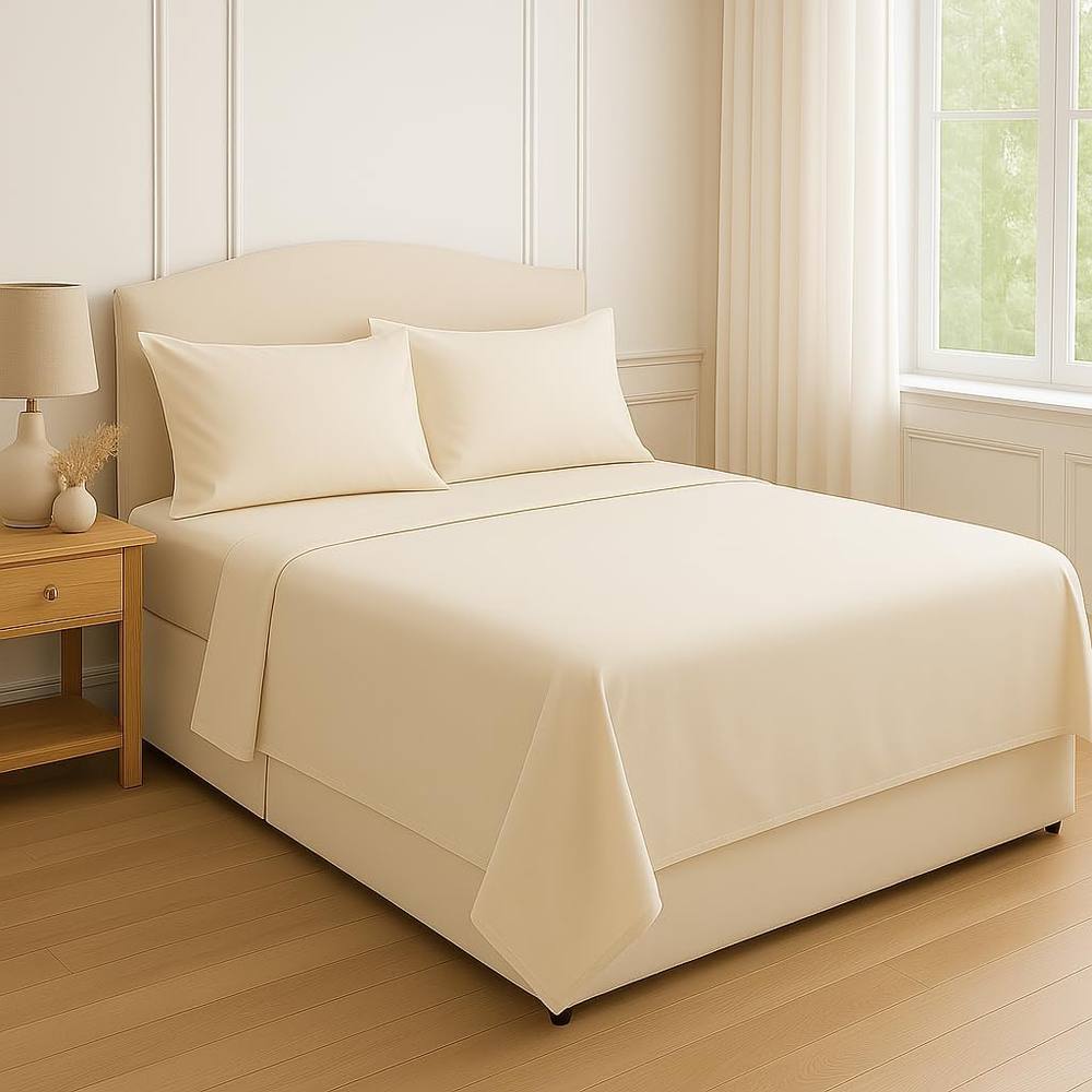 Homes-Linen 180 Thread Count Rich Percale Flat Sheet Polycotton Blend in Cream