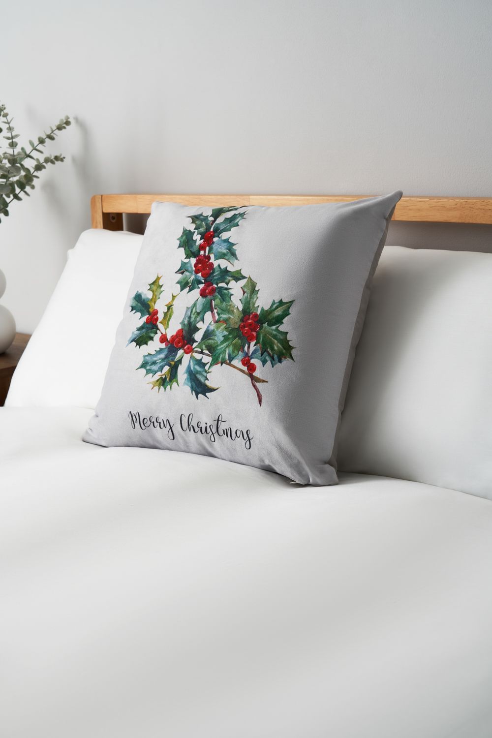 BHS Christmas Holly Print Cushion in Green