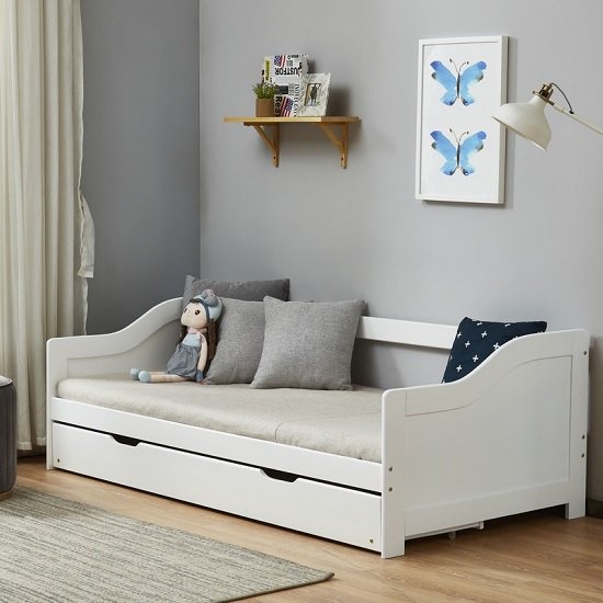 Tupelo Wooden Single Bed In White With Pull Out Trundle