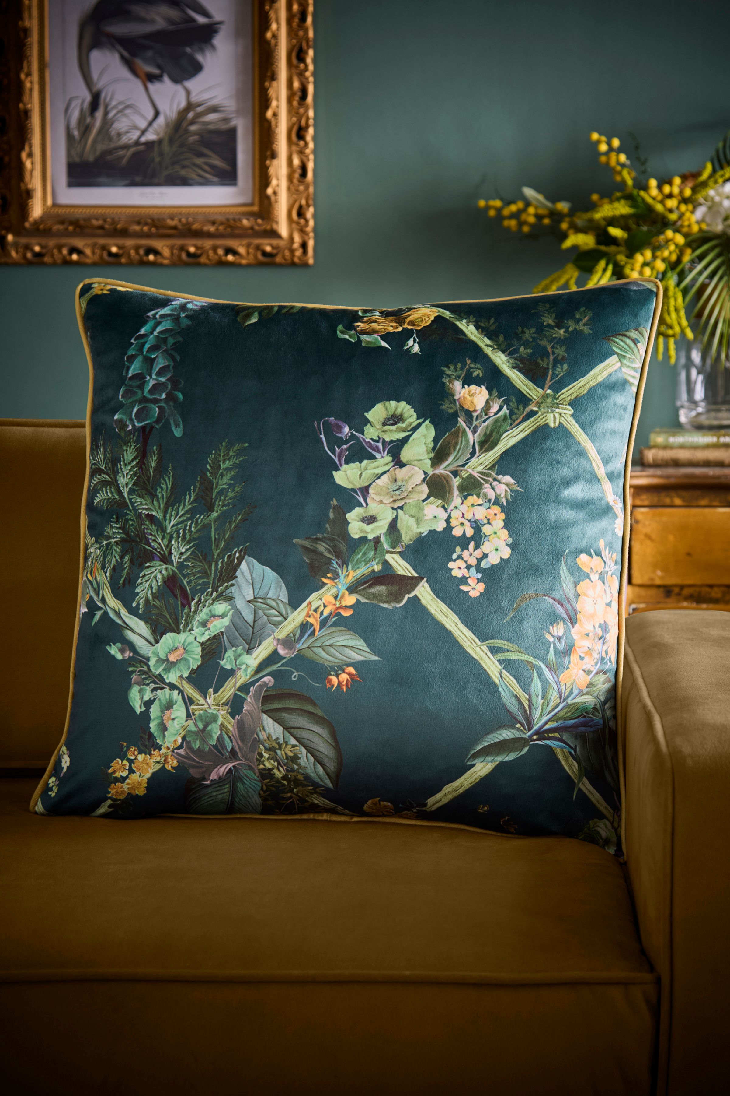Laurence Llewelyn-Bowen 'Cotswold Fantasia Dawn' Floral Print Velvet Large Filled Cushion in Green