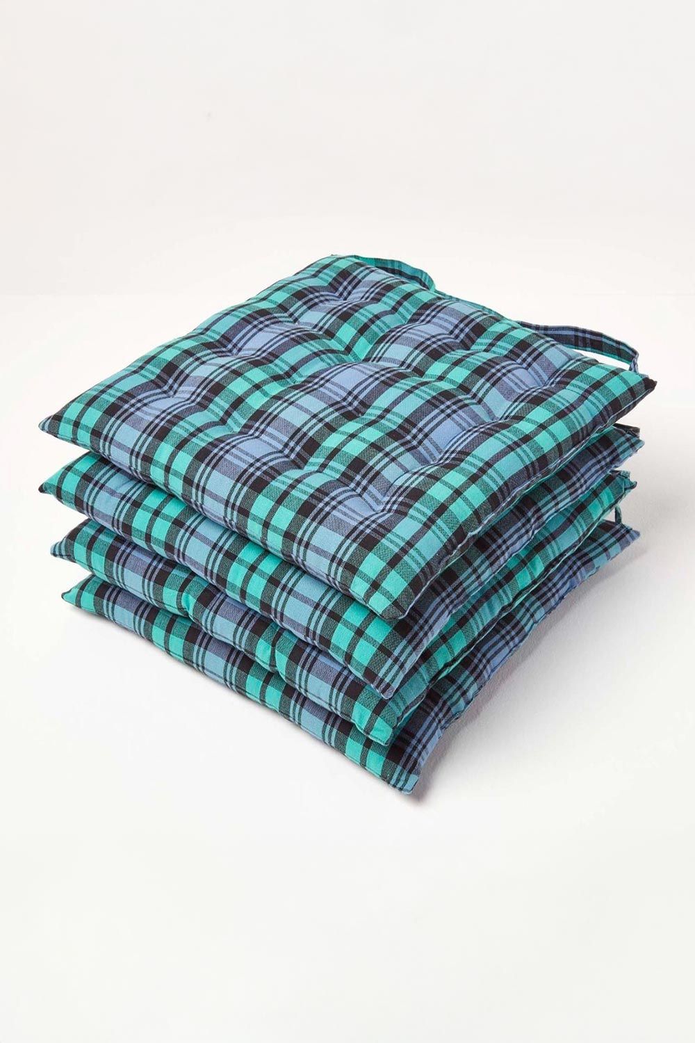 Homescapes 4 Pack Seat Pads Cotton Green Tartan Indoor Outdoor Garden Cushion, 40cm