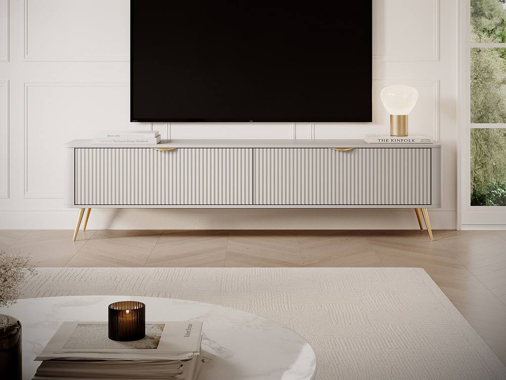Vente-unique TV Unit With 2 MDF Doors - Beige & Gold - ELONARIA By Pascal