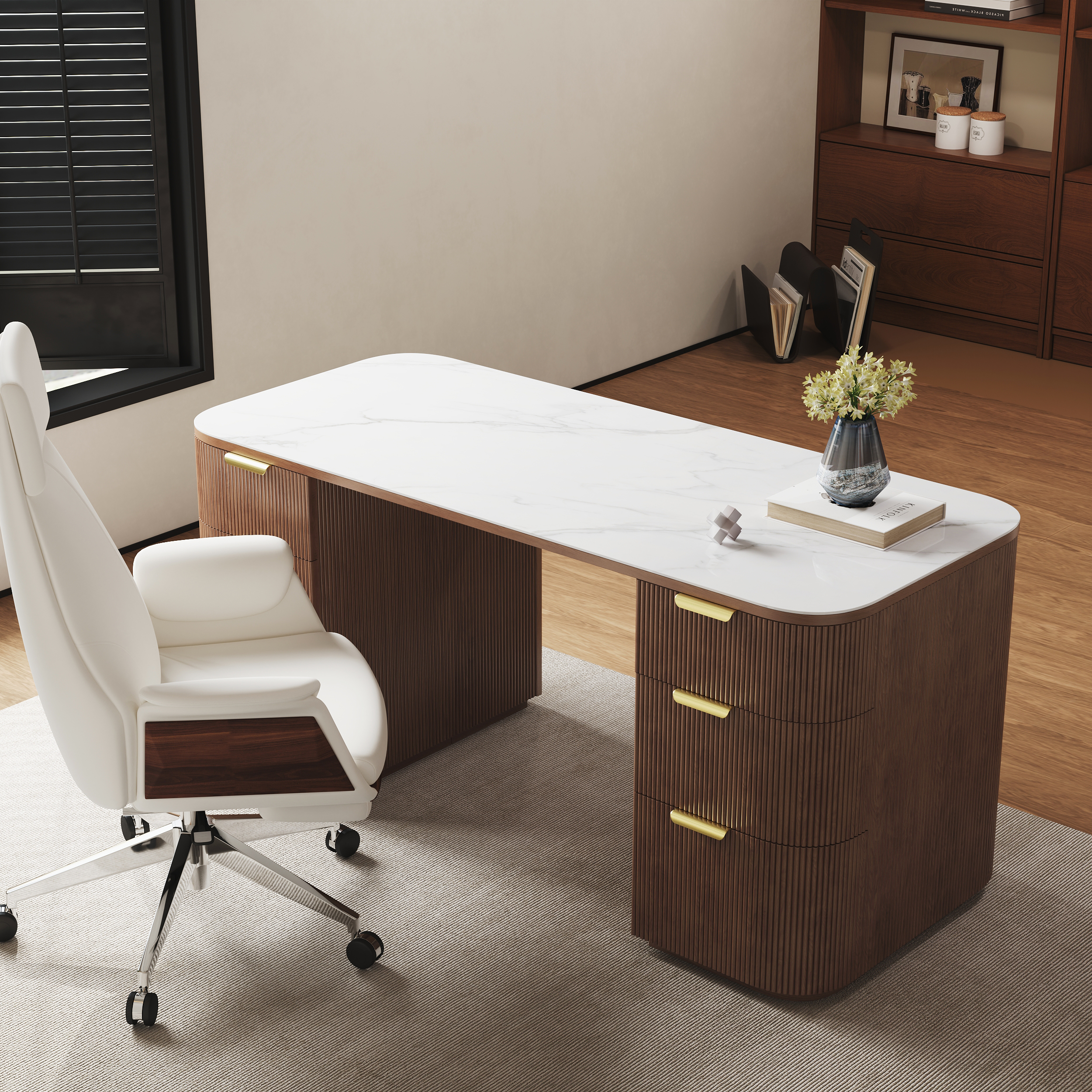 Walnut Ash Wood Rectangular Desk & Reclining Leather Office Desk Chair (63.8")