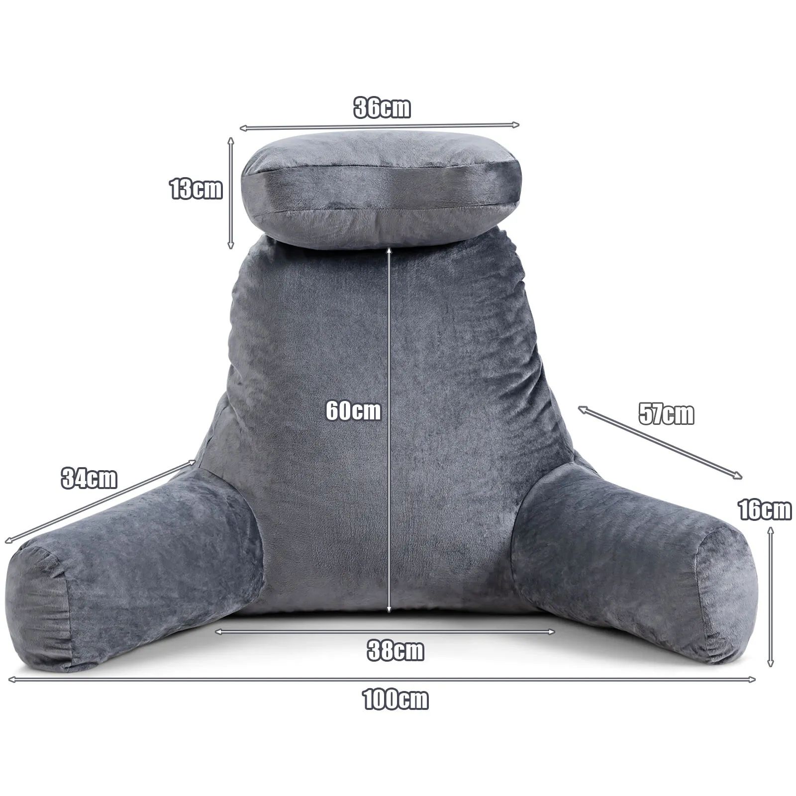 Costway Big Bed Rest Pillow Soft Back Support with Support Arms Relaxing Gaming Reading in Grey 2