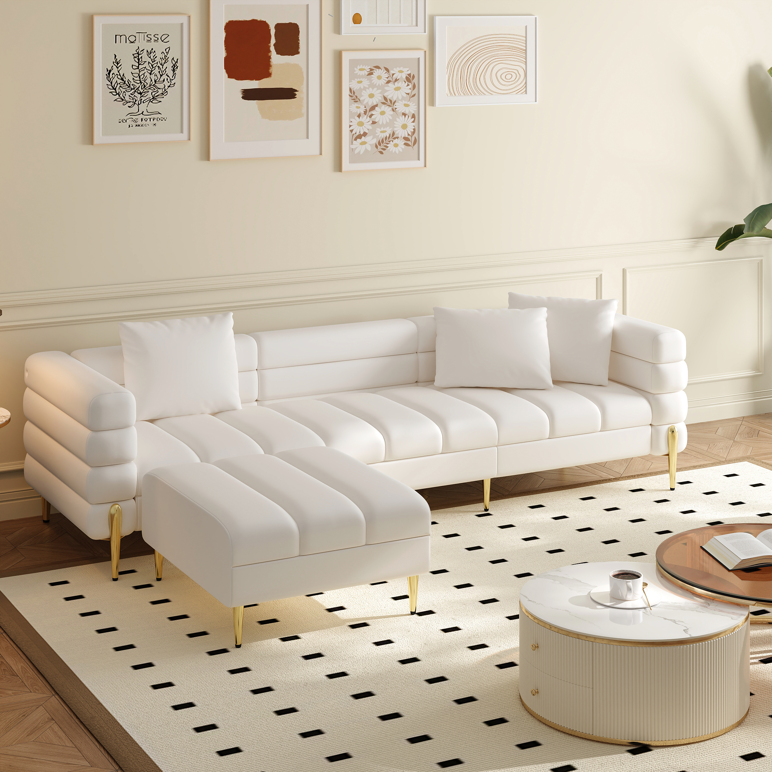 2311 mm Faux Leather Modular 4-Piece L-Shaped Couch with Chaise Modern White 3-Seater Sofa