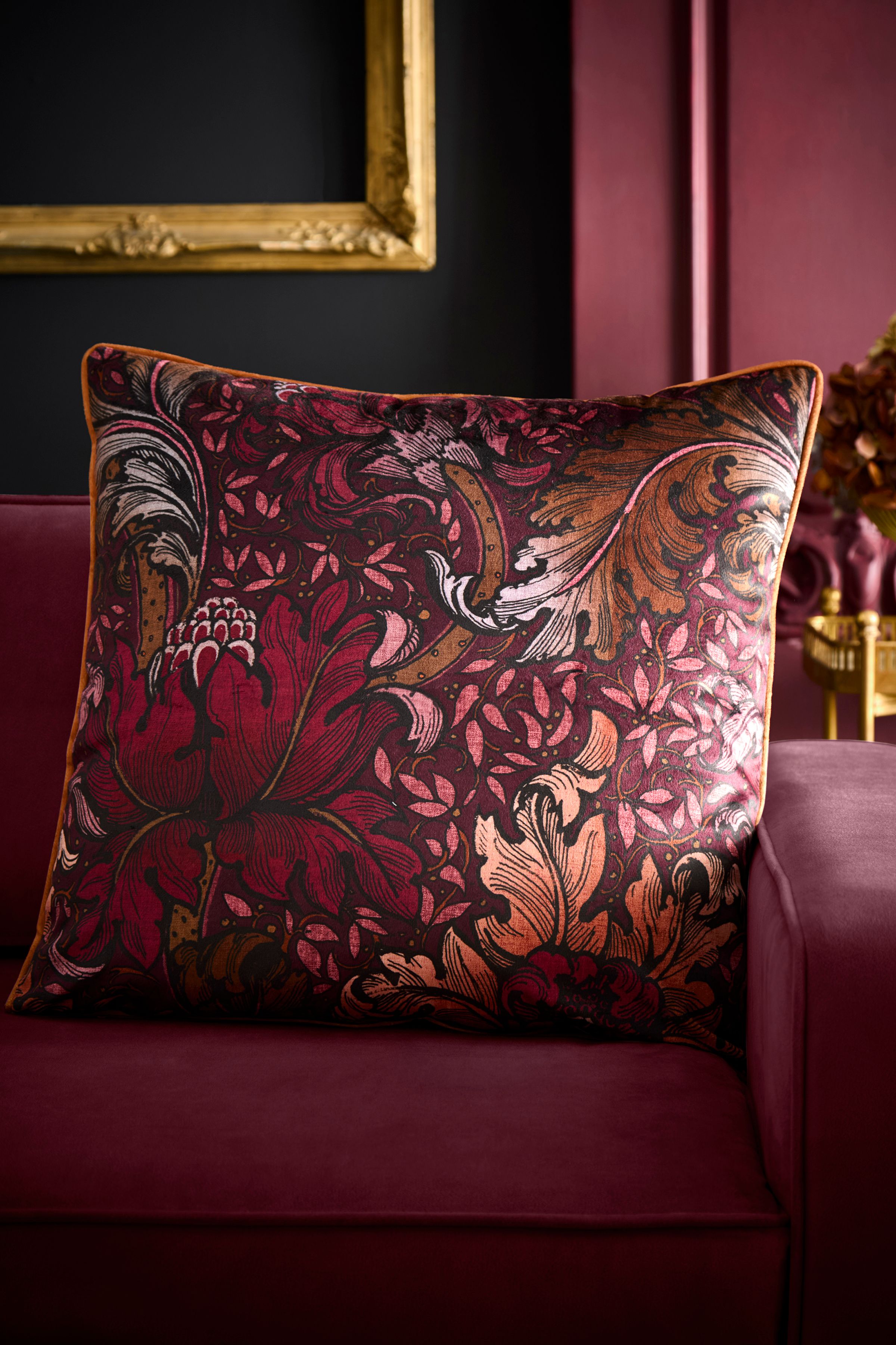 Laurence Llewelyn-Bowen 'Morris Major Chintz' Arts & Crafts Print Velvet Filled Cushion in Burgundy