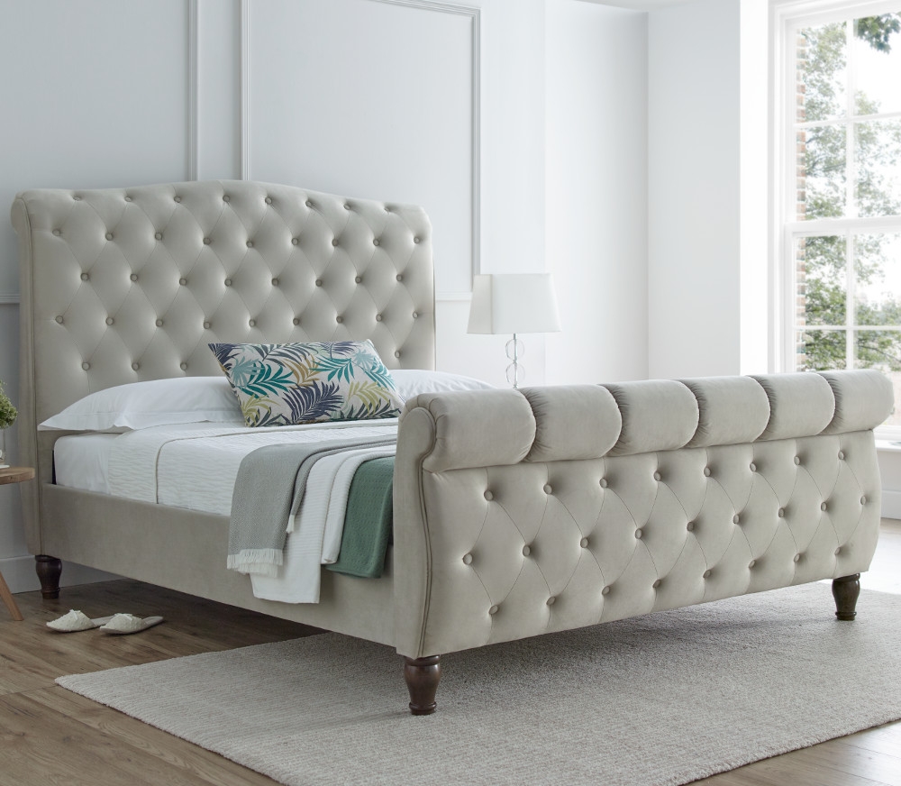 Colorado Warm Stone Velvet Fabric Sleigh Bed Frame - 6ft Super King Size
