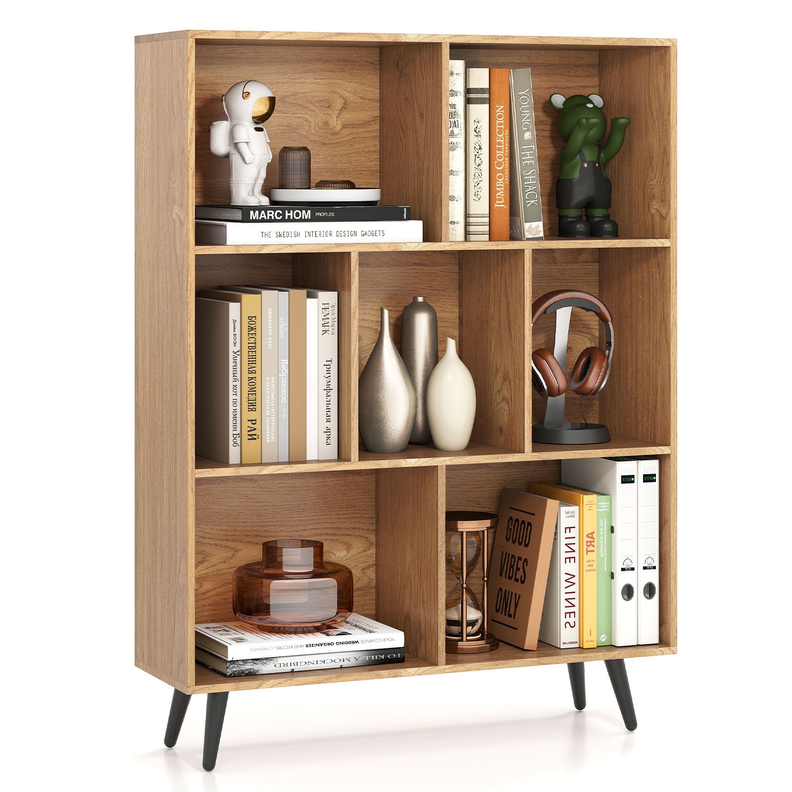 Costway 7-Cube Bookcase Mid Century Modern Storage Organizer in Natural