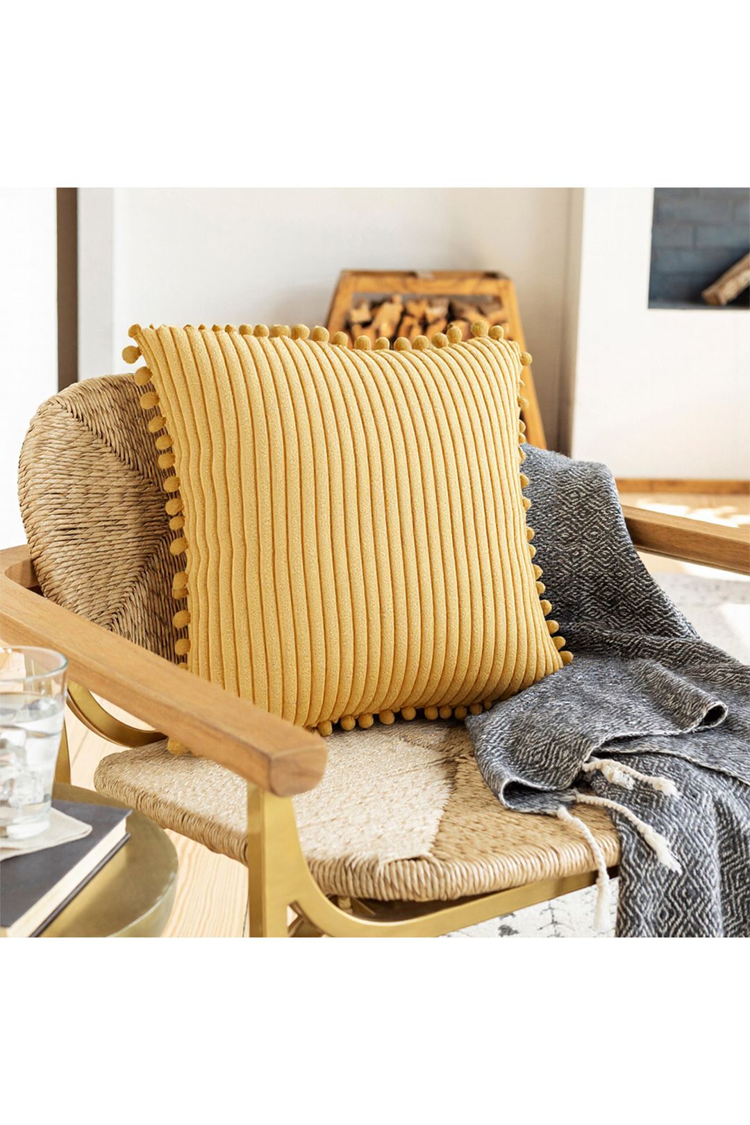 Living and Home Polyester Cushion Cover with Pom-Pom Trim in Yellow