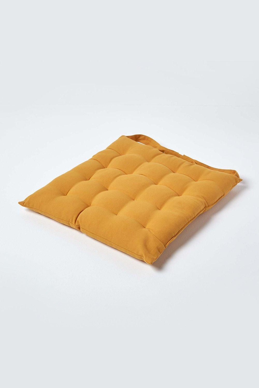 Homescapes Seat Pad Luxury 100% Cotton Indoor Outdoor Garden Cushion, Button Tie, 40cm in Mustard
