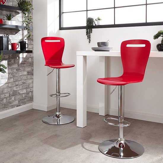 Long Island Red Wooden Gas-lift Bar Stools In Pair