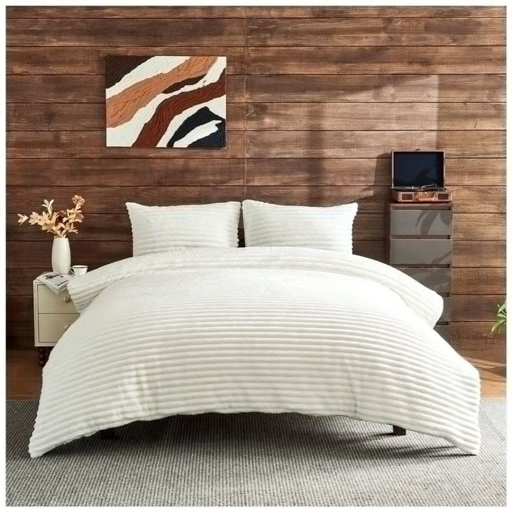 HOME LUXE INTERIOR Plush Faux Fur Chunky Ribbed Faux Fur White Bedding Duvet Set - King