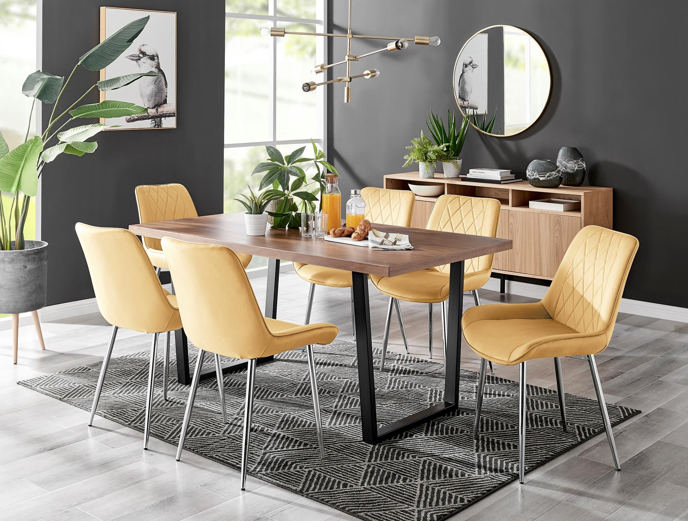 FurnitureboxUK Kylo Large Brown Wood Effect Dining Table & 6 Pesaro Velvet Silver Leg Chairs in Cream