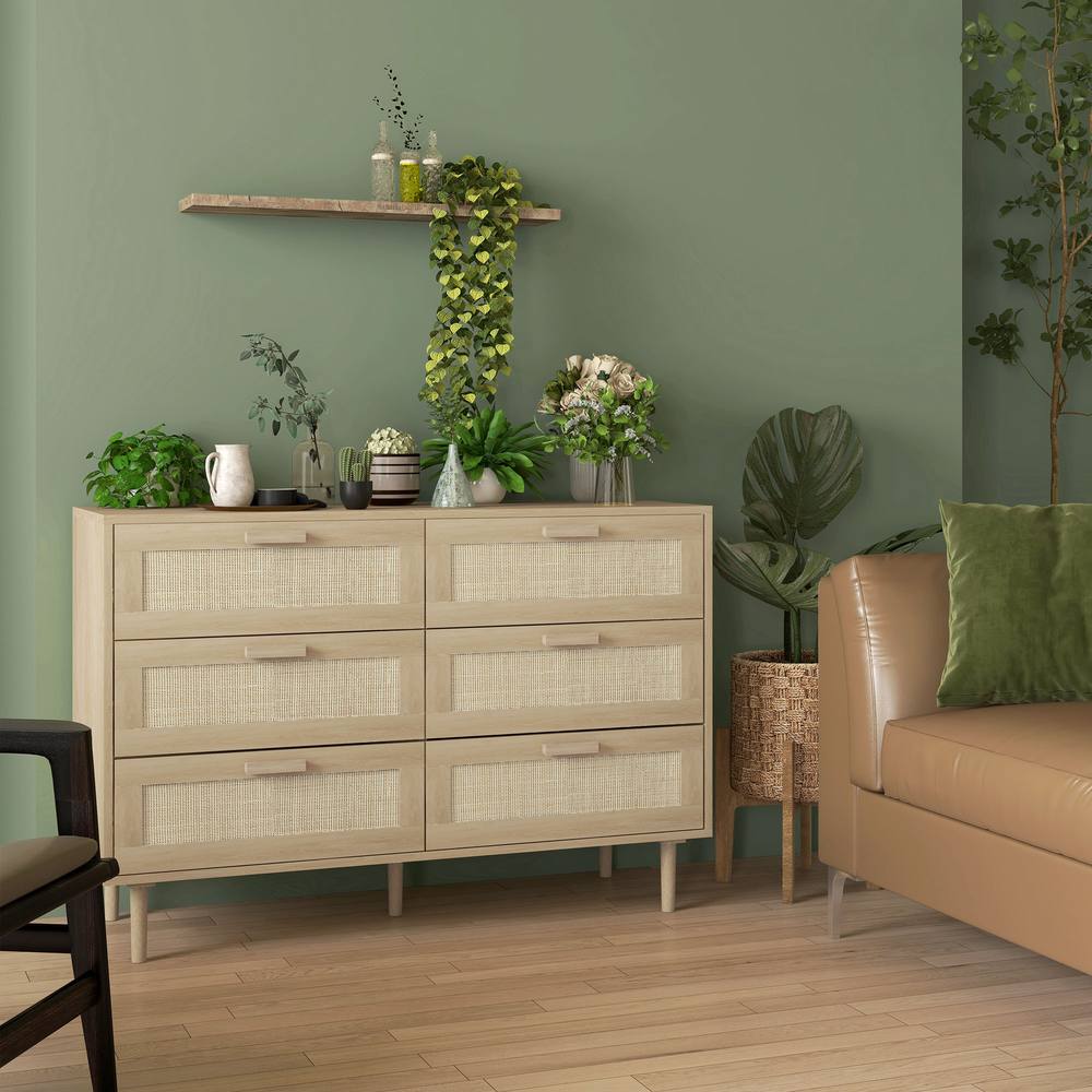 HOMCOM Chest of Drawers, 6-Drawer Dresser for Bedroom, Living Room, Oak in Natural