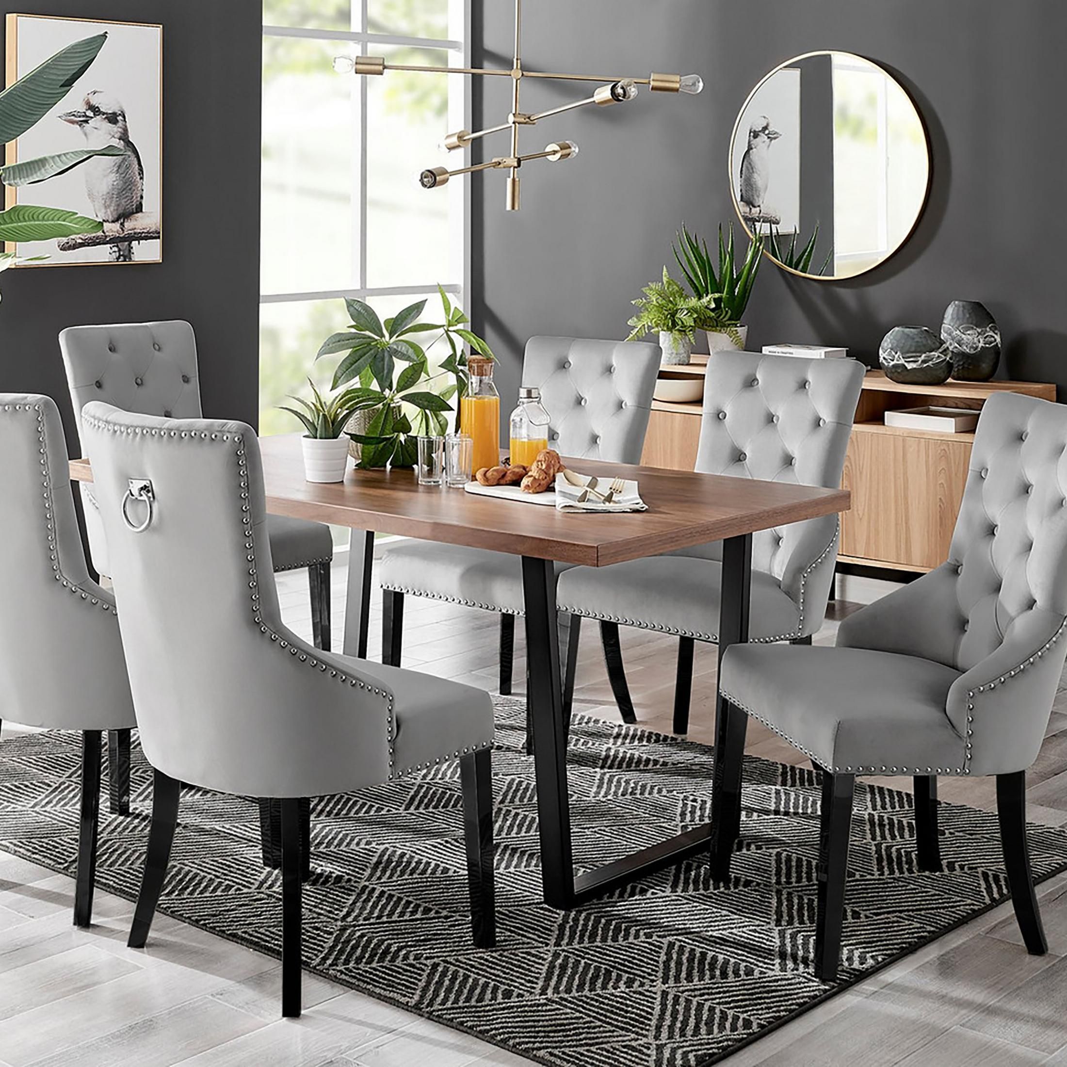 FurnitureboxUK Kylo Large Brown Wood Effect Dining Table & 6 Belgravia Black Leg Velvet Chairs in Grey