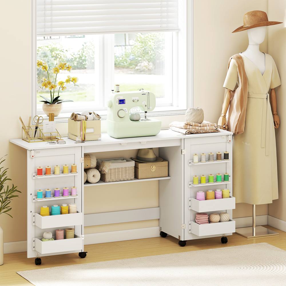 HOMCOM Folding Sewing Table with 2 Magnetic Doors, Storage Shelf, White