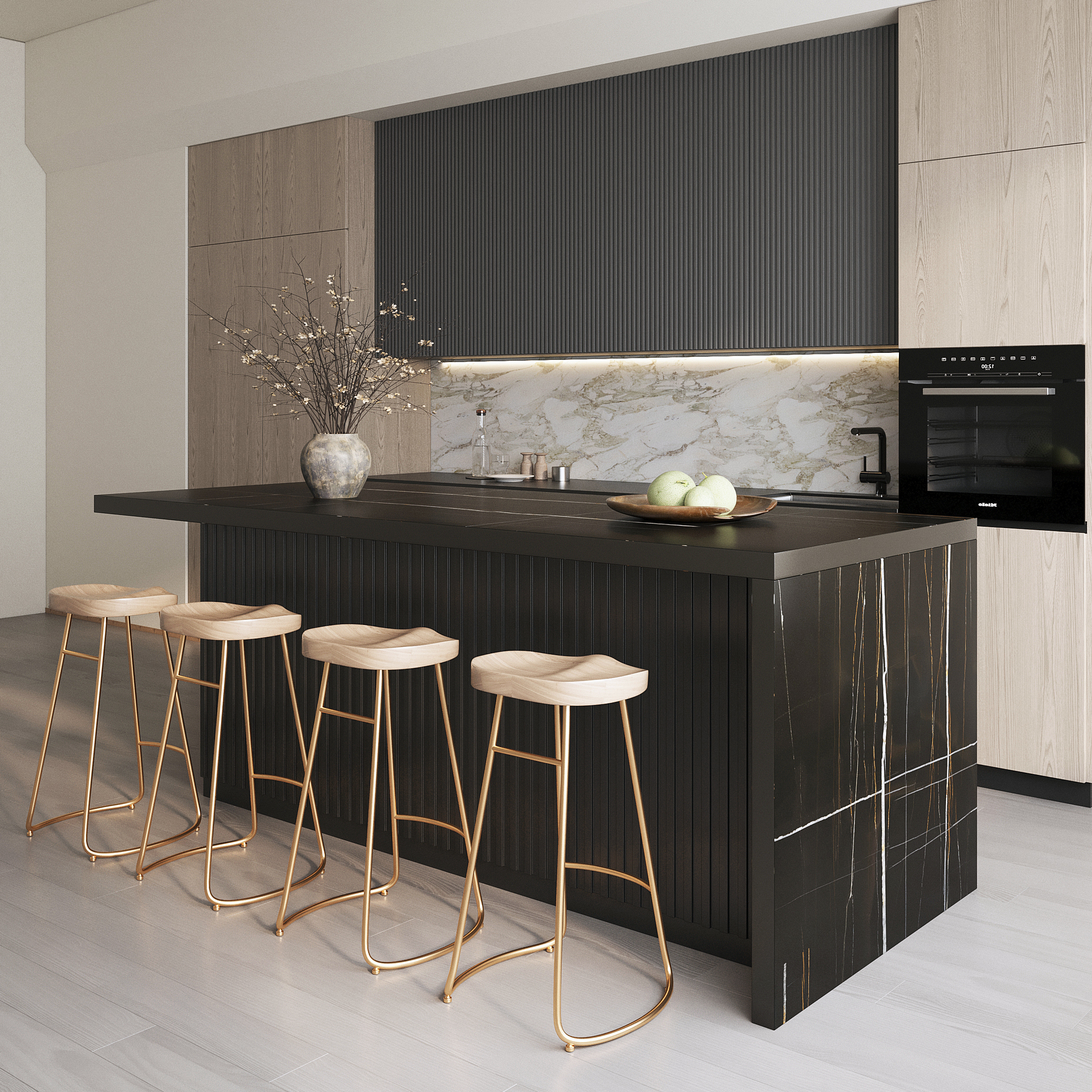 180 cm Kitchen Islands Marble Veneered Top Black Modern with Storage Kitchen Cabinet
