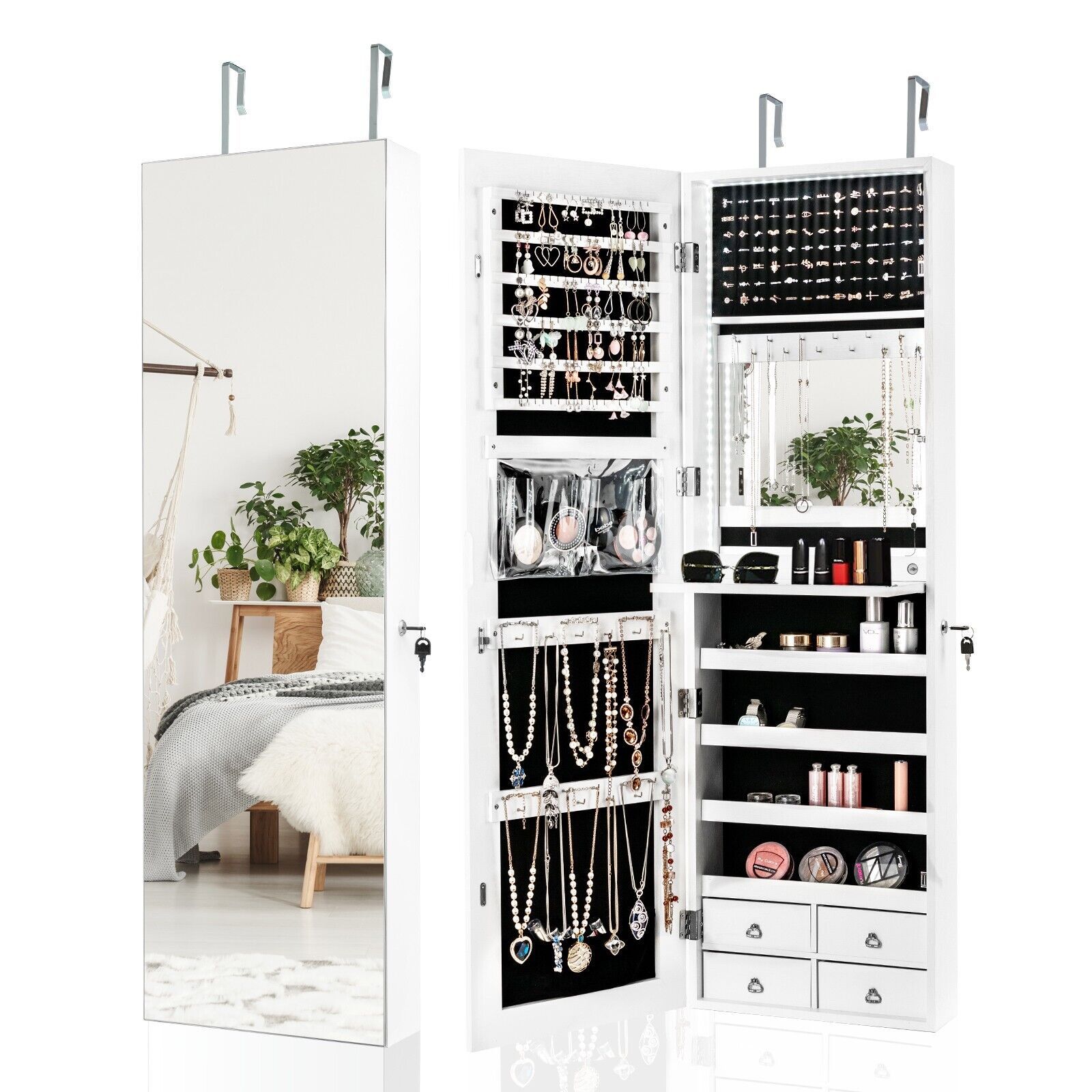Costway Full-length Mirror Jewelry Cabinet Wall/Door Mounted Jewelry Armoire LED Lighted in White