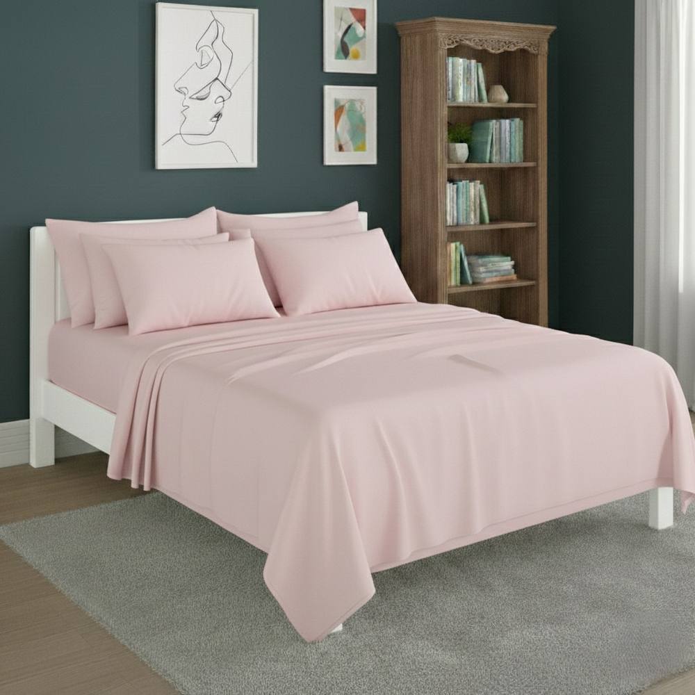 Snug City Plain Poly Cotton Easy Care Fitted Flat Sheet Matching Pillowcases Set in Pink