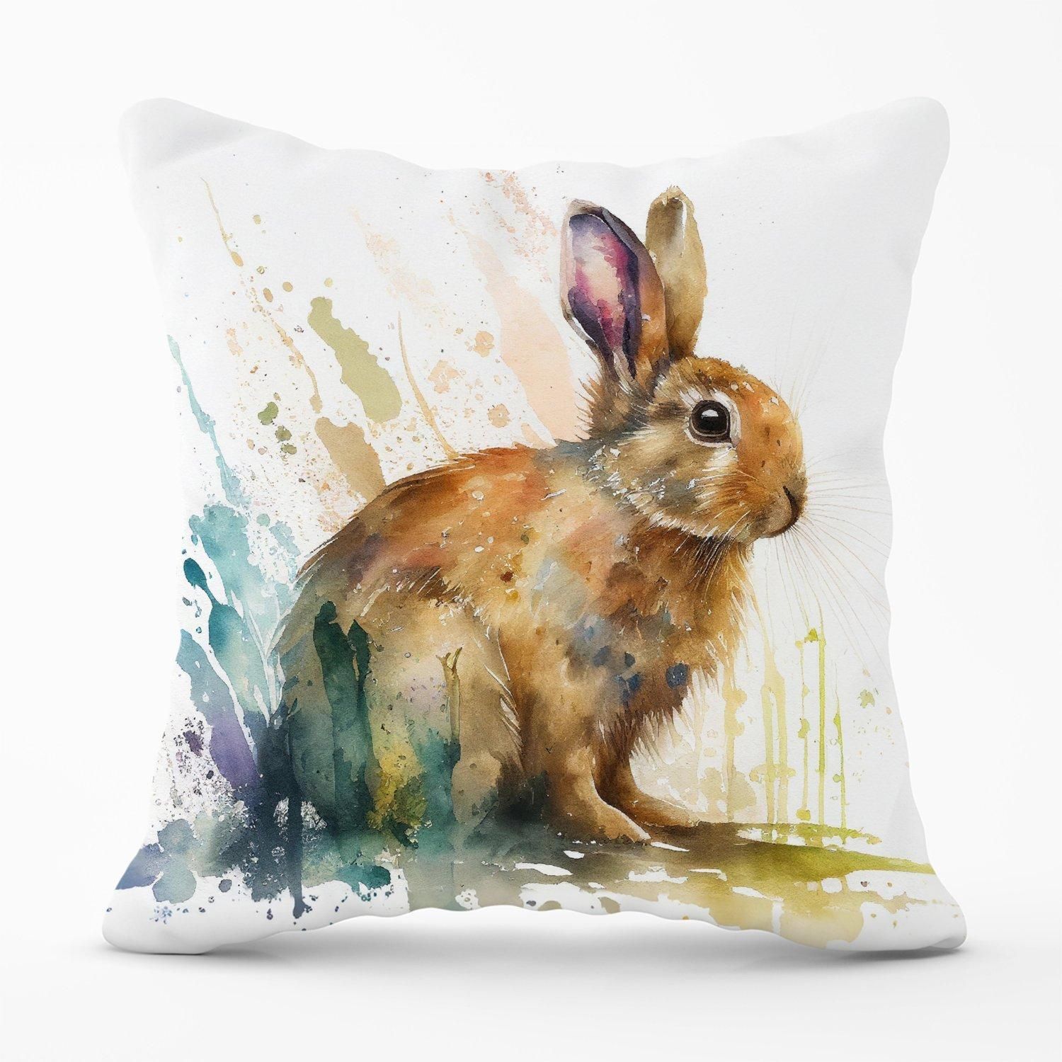 Warren Reed - Designer Rabbit Splash Watercolour Outdoor Cushion in Brown
