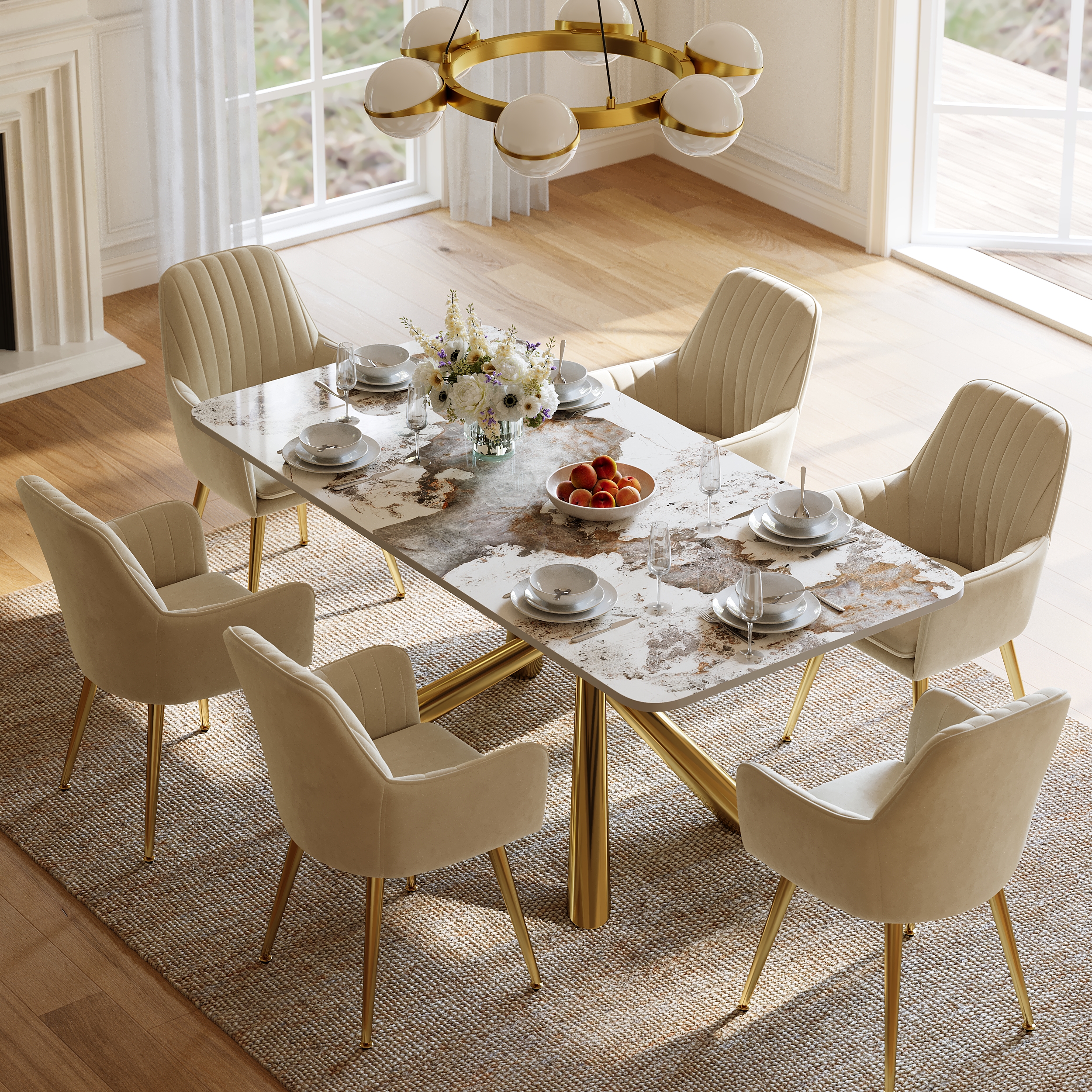 180 cm Modern Stone Top Rectangle Dining Table with Stainless Steel Trestle