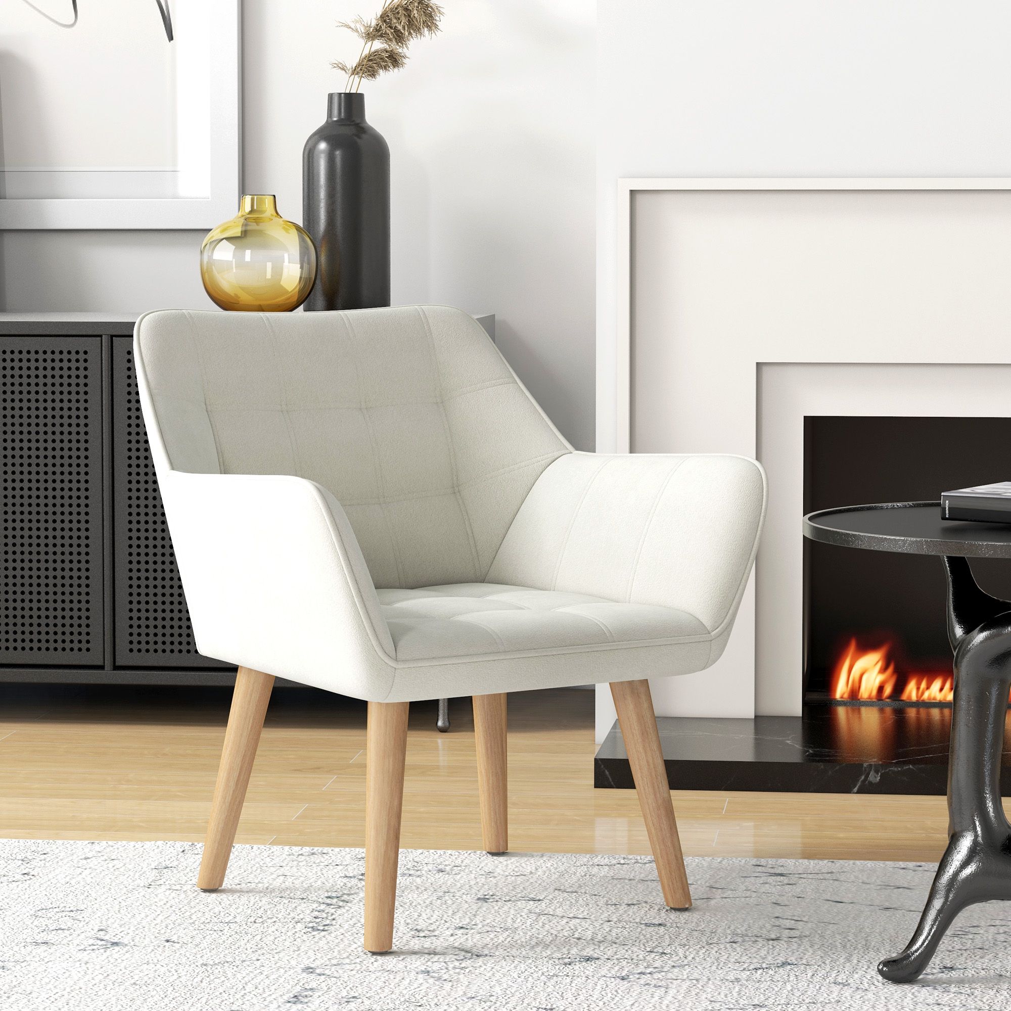 HOMCOM Velvet-Feel Accent Chair with Arms Slanted Back Wood Legs in Cream